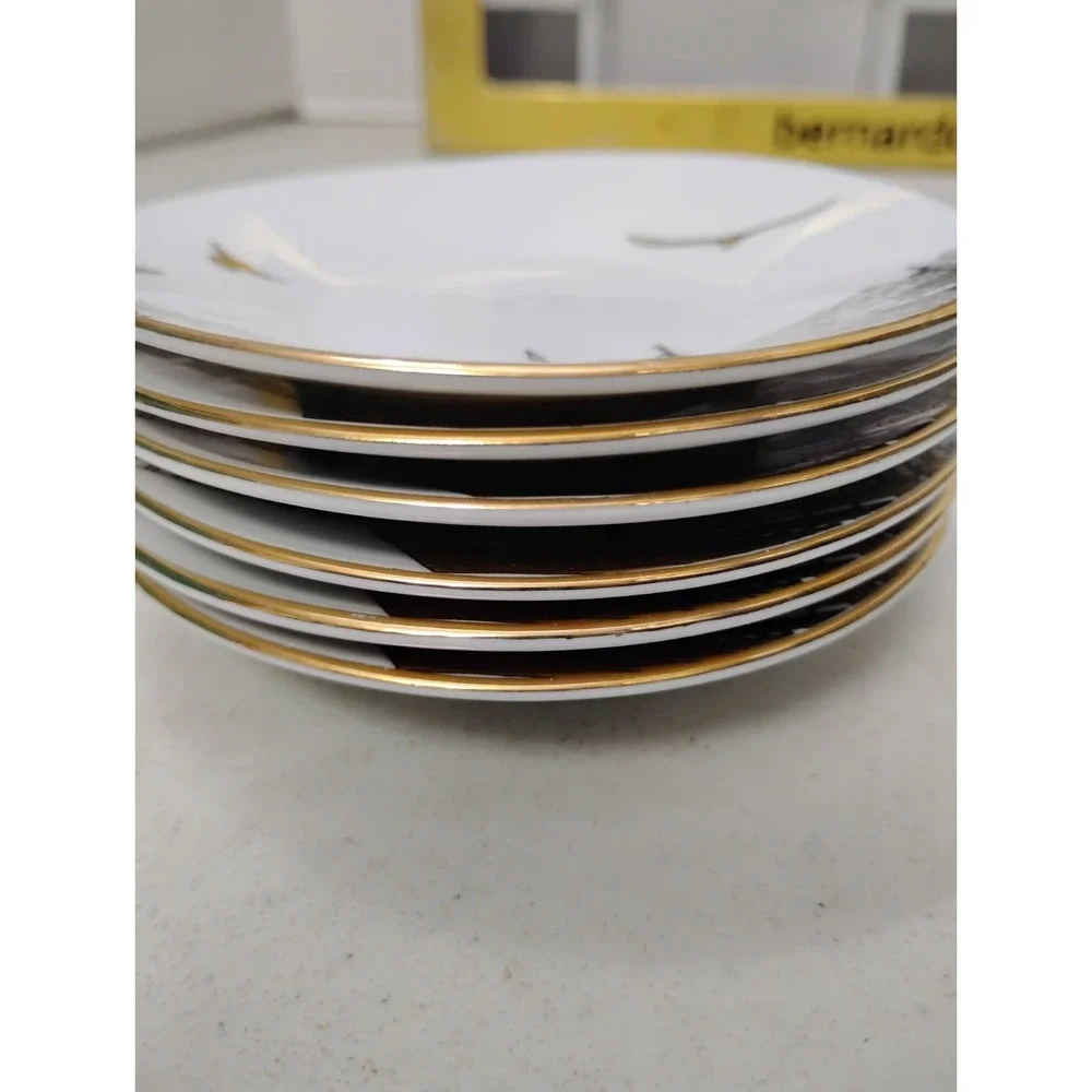 Bernardo Fine Porcelain Turkish Coffee 6 Cups 6 Saucers Skyline Birds Gold Tea